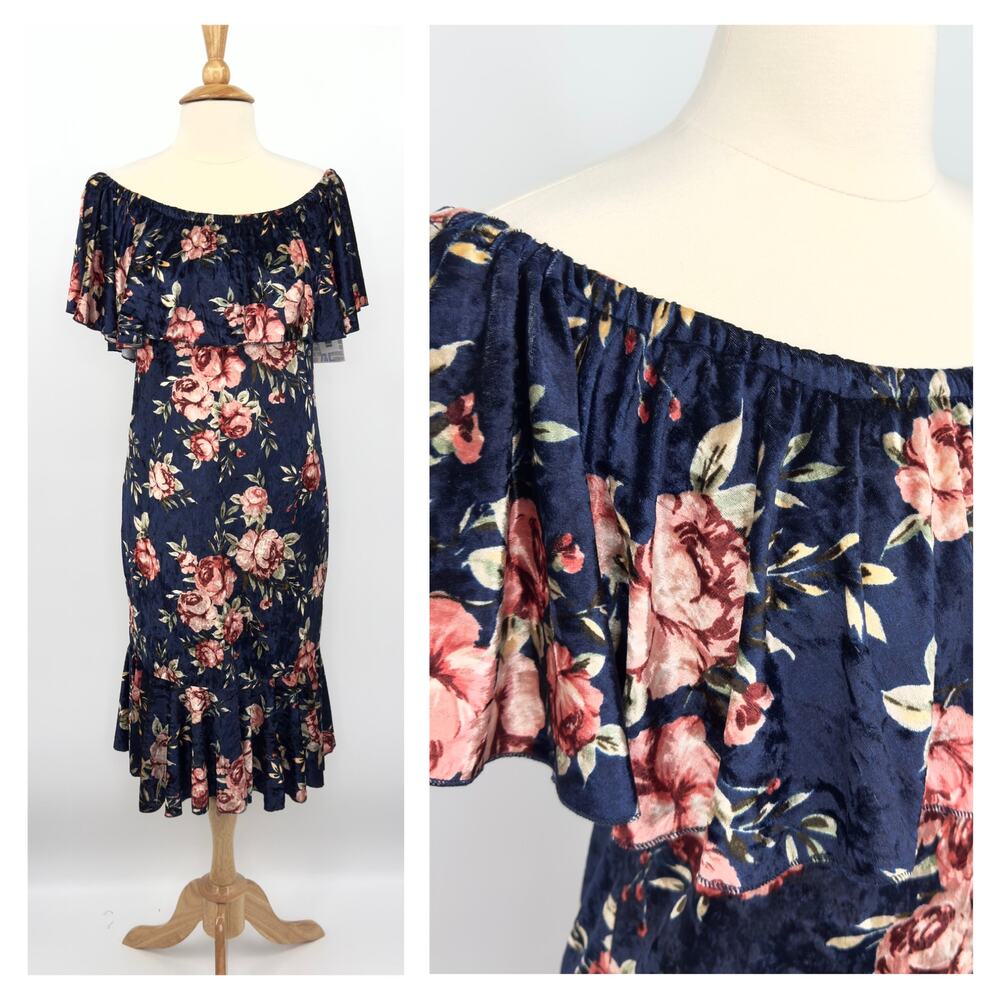NWT LuLaRoe Cici Crushed Velvet Midi Dress XL Ruffle Off Shoulder Navy Floral
